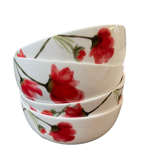 Mikasa Kiera Red Poppy Floral Porcelain Salad Bowls 6in Ceramic Set of 4 NEW - Picture 4 of 10